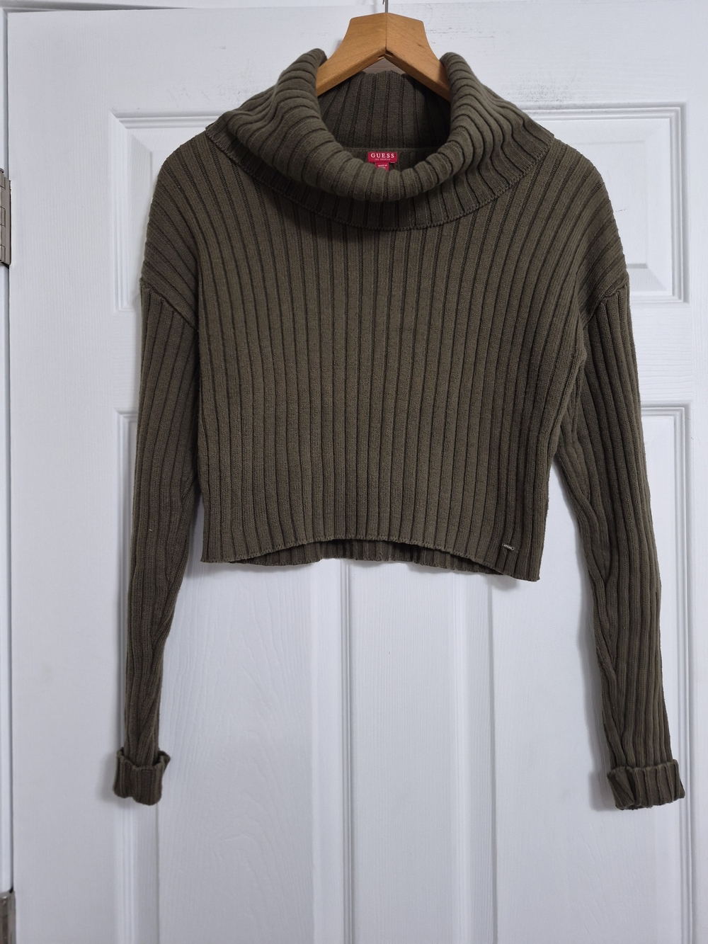 Guess Olive Ribbed Cropped Cowl Neck Sweater